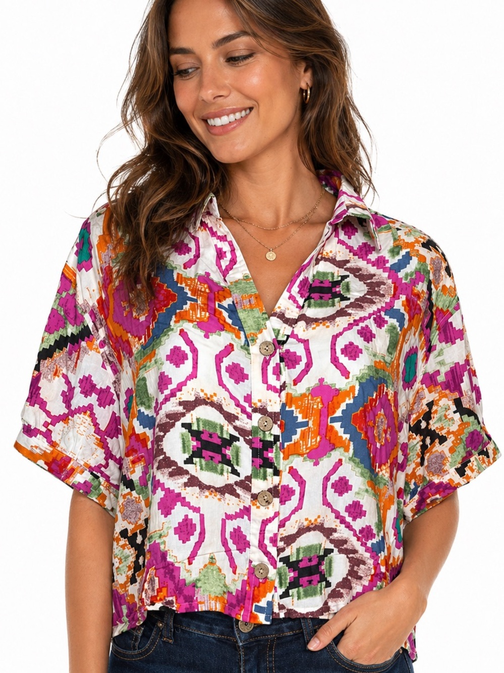 Tribal Inspired Multicolor Crop Button Down -  Christian Siriano New York, Large